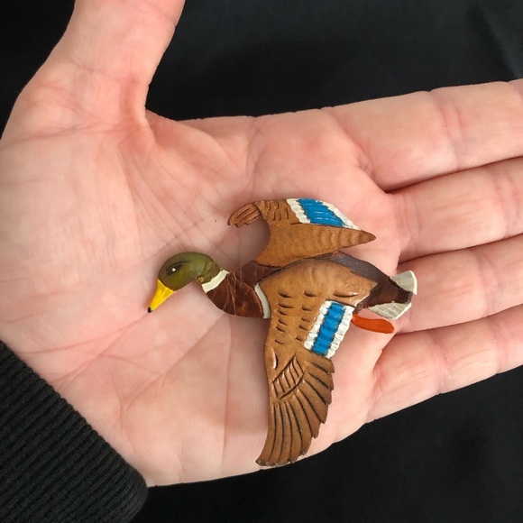 Vtg Tooled Leather Mallard Duck Brooch - Picture 6 of 12